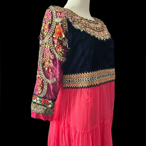 Raspberry Long Anarkali Dress with Floral Aari Embroidery and Velvet Bustier - Picture 7 of 12